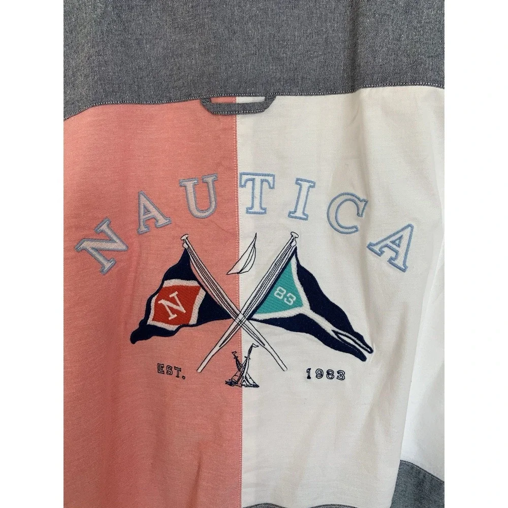 NWT Nautica Button Up Shirt Men XL Embroidery Big Logo Color Block Finance Bro
